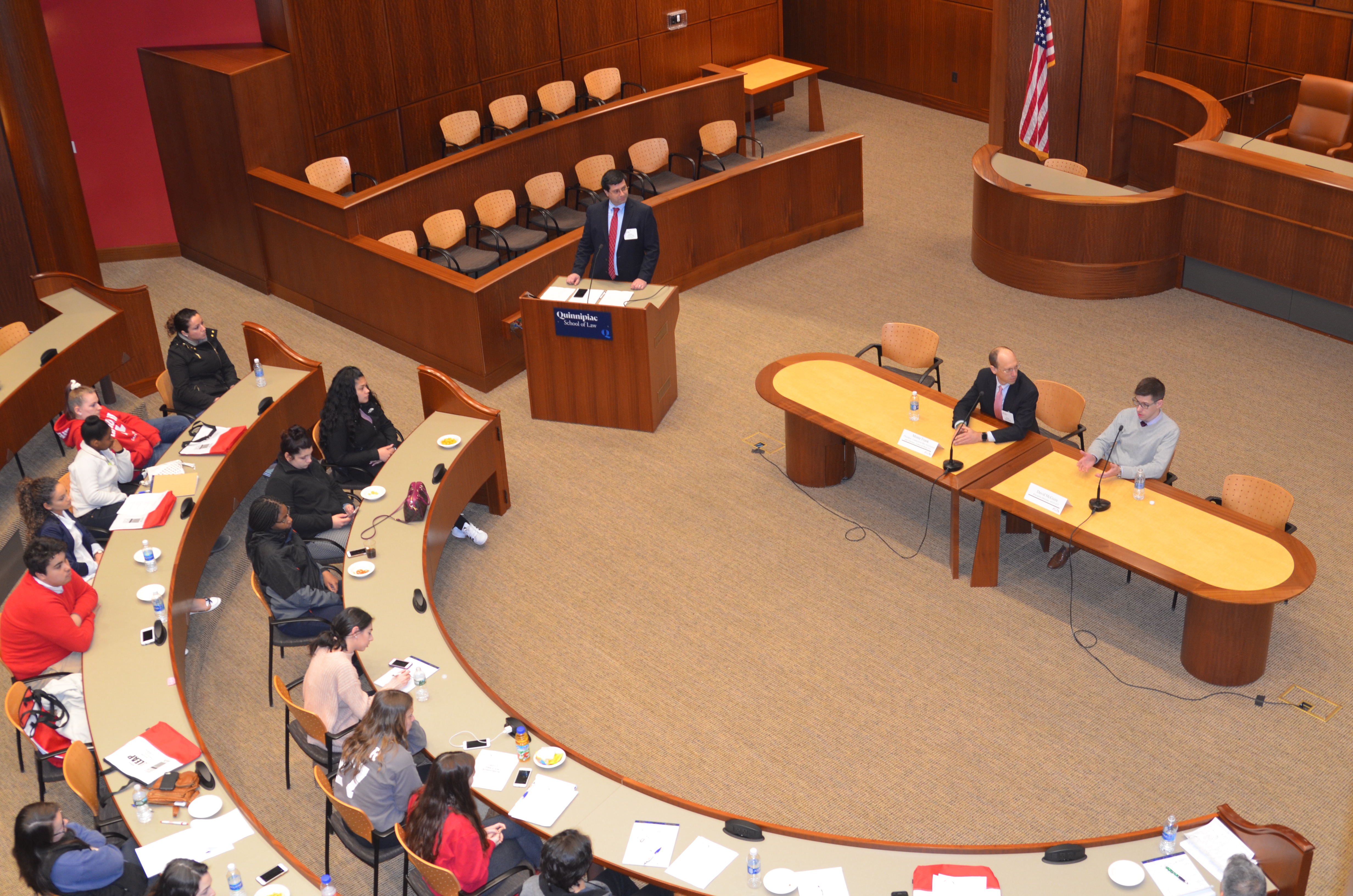 Anthony Ciolli, moderator; Monte E. Frank, CBA president; and David McGuire, executive director of ACLU-CT. 